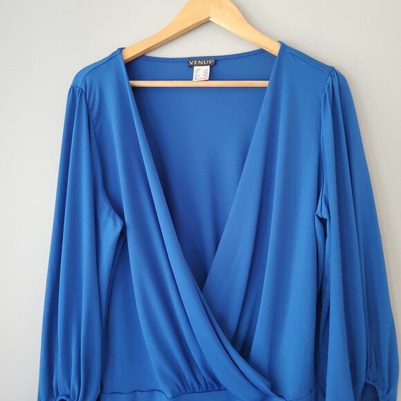 Venus Blue Deep V Neck Wrap 3/4 Sleeve One Piece Bodysuit Womens XL - Picture 3 of 6